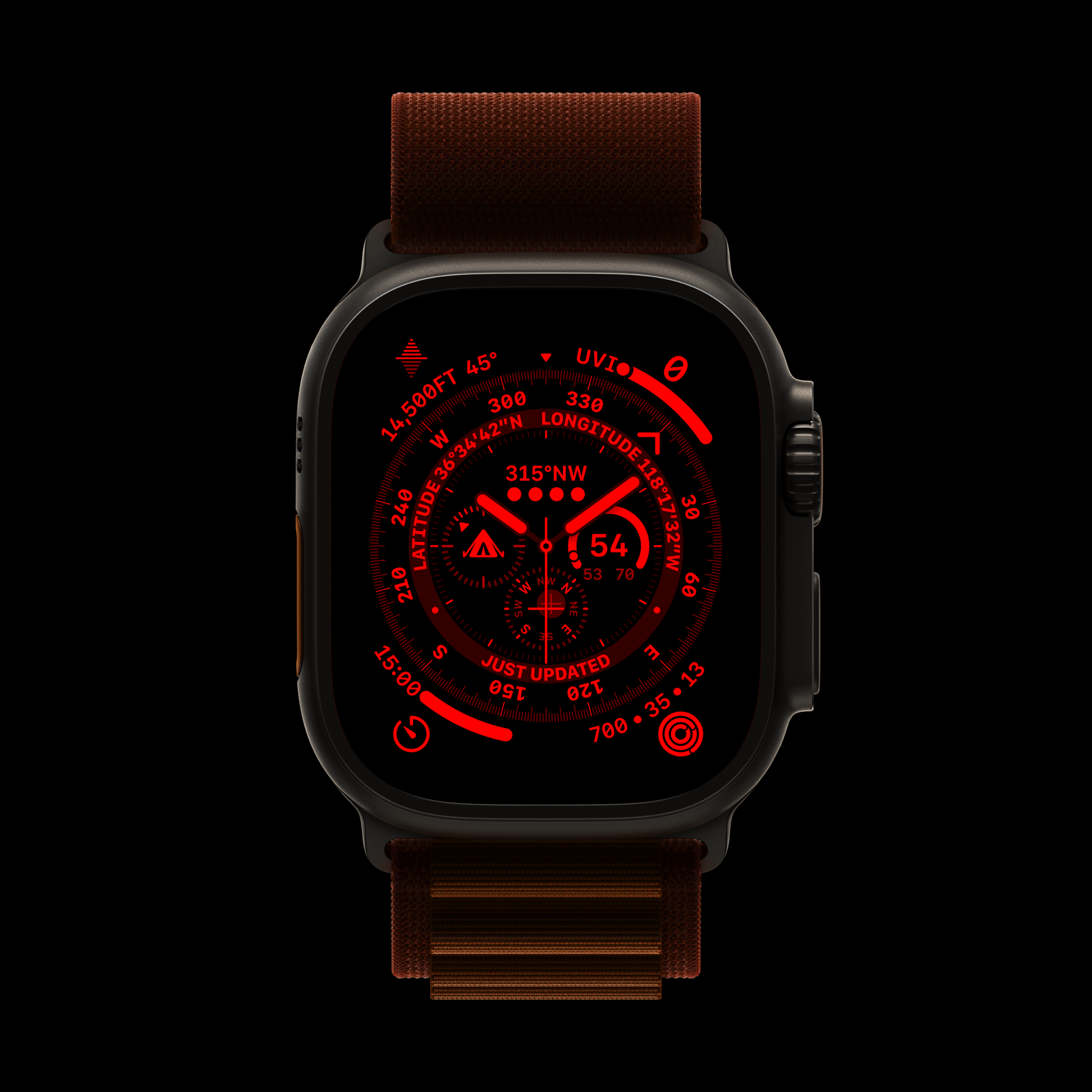 Apple Watch Ultra Orange Alpine Loop Wayfinder face Night Mode 220907